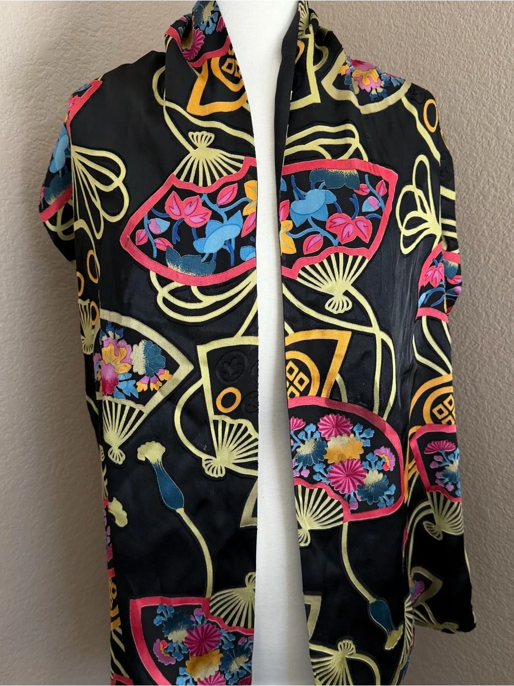 CHICOS Reversible Silk Rayon Scarf Wrap Black Floral Fan Print 13.5”x68”